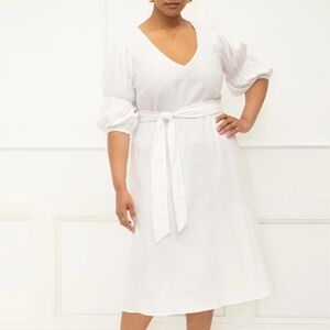 Eloquii Ivory V Neck Self Tie Belted Puff Sleeve Fit & Flare Midi Dress Size 16